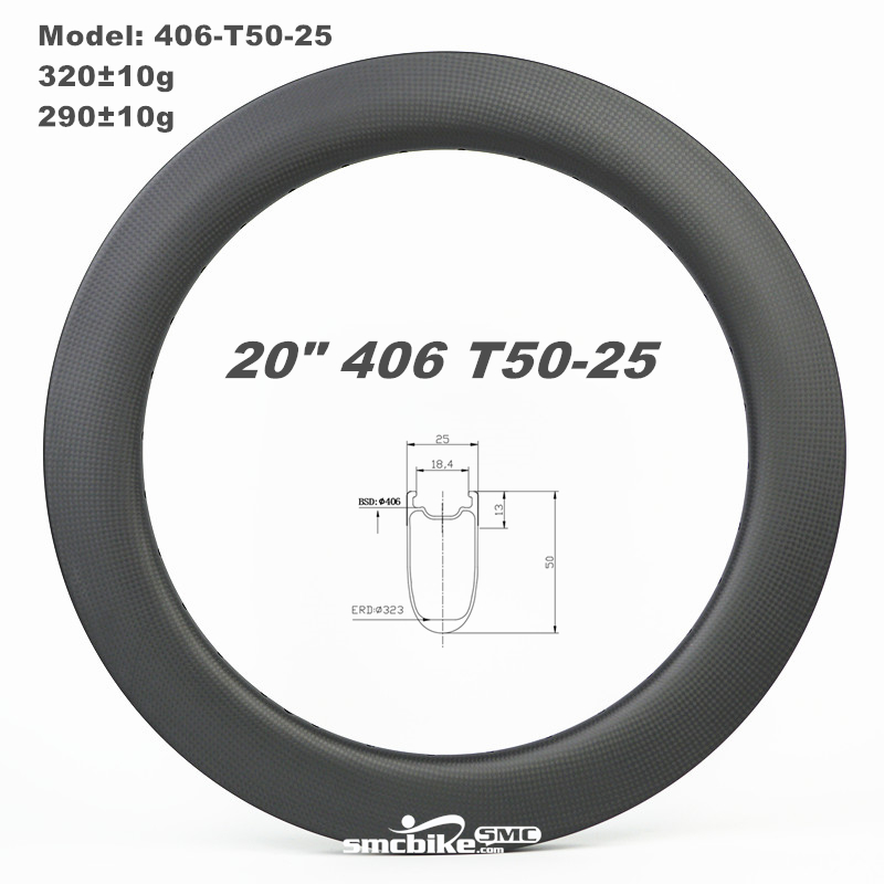 SMC 20" 406 50MM Deep 25mm Wide Tubeless Carbon Fiber Rim